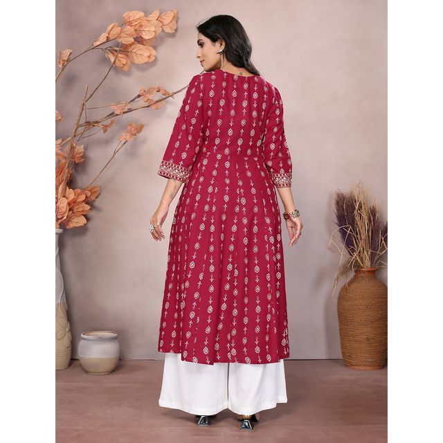 Rangita Women s Maroon Rayon Embroidered Calf Length Anarkali Kurta | L