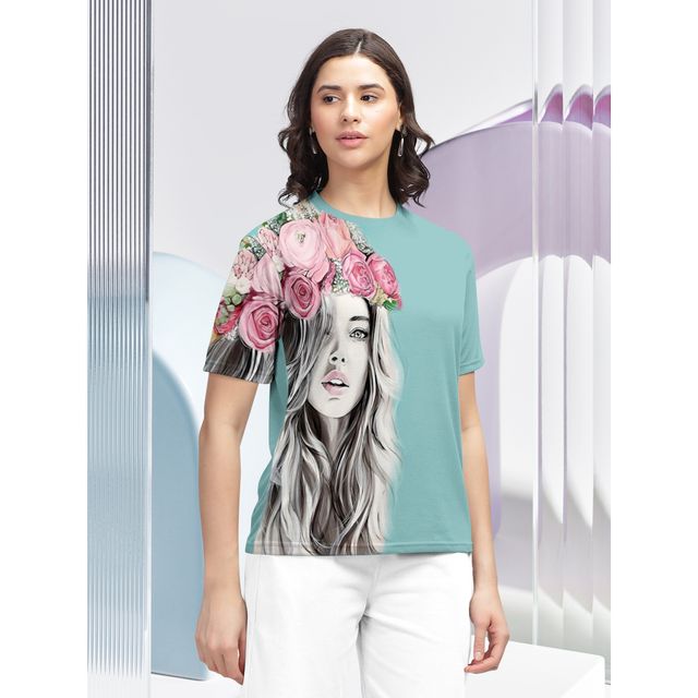 Hellcat Women's Trendy Printed Regular Fit Round Neck casual Tshirt | Mint Green - XL