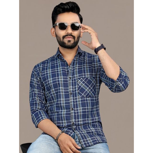 Allan Peter Men's Navy Blue Checks Shirt | XL