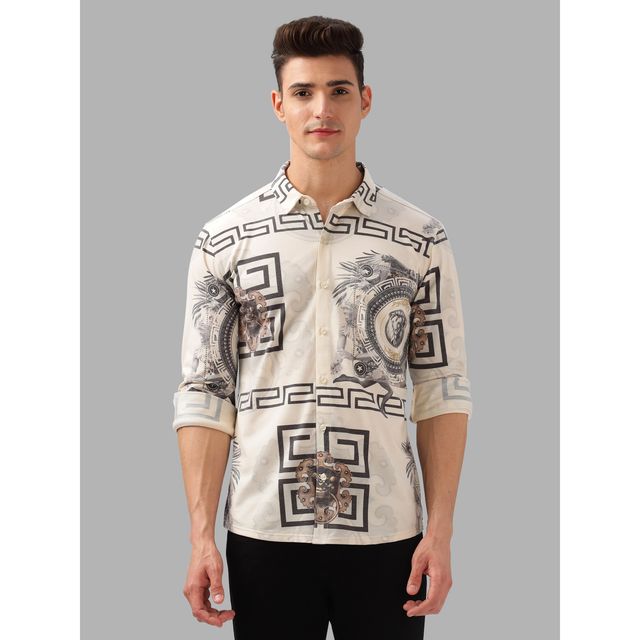 Bullmer Men's Trendy Regular Fit Printed Causal Full Sleeve Shirt | Beige - M