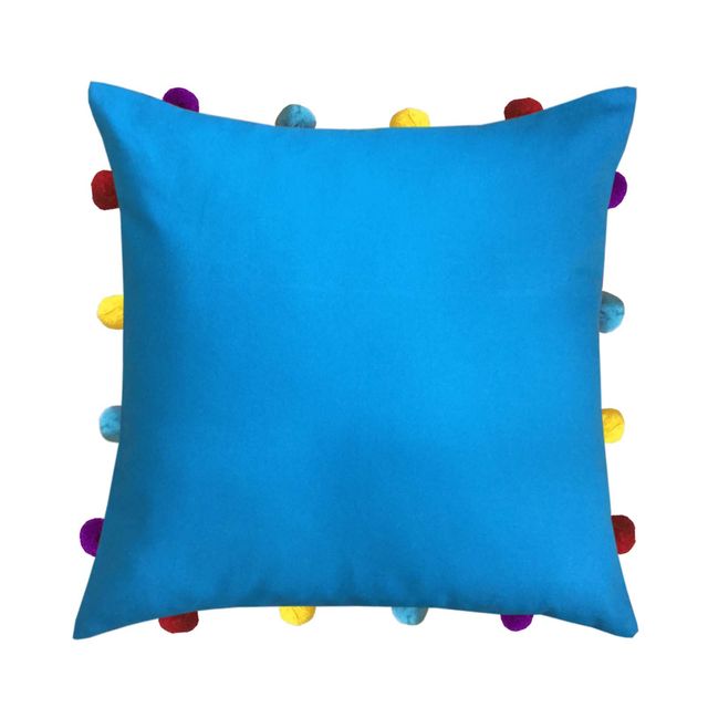 Lushomes Cushion Cover with Pom Pom - Blue | 14 x 14 inch