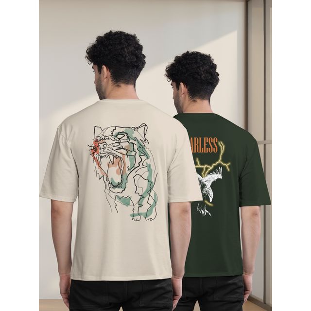 Bullmer Men's Oversized T-shirt Front and Back Printed | Chalk, Olive | XL