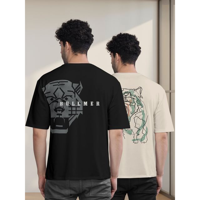 Bullmer Men's Oversized T-shirt Front and Back Printed | Black, Chalk | XL