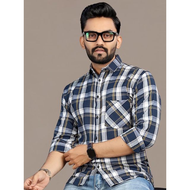 Allan Peter Men's Blue And Yellow Checks Shirt | XL