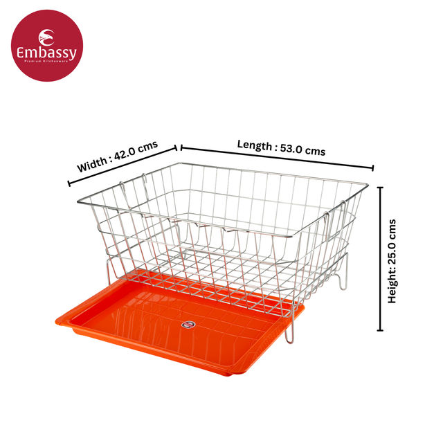Embassy Premium Dish Drainer Rack With Drip Tray / Utensils Basket | 53x42x25 cm, Stainless Steel