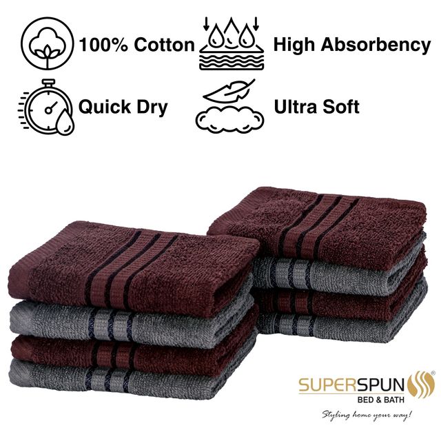 Superspun 100% Cotton- 420 Gsm- Vodre- Eight Piece Set- Face Towel- Size:30 x 30 - Grey & Brown
