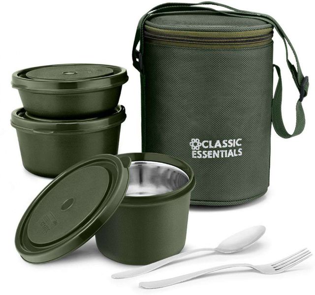 Classic Essentials Microwavable Insulated 3 Containers Meal Pro Lunch Box | 1250 ml Green
