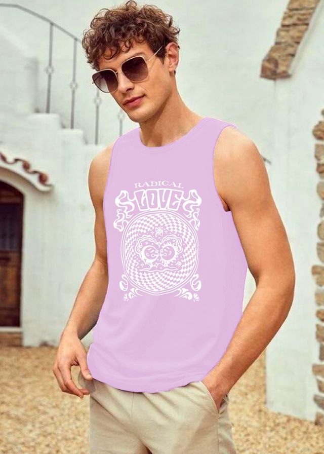 Chkokko Men Gym Regular Fit Tank Tops Sports Sleeveless Printed Vest Lavender | Size M