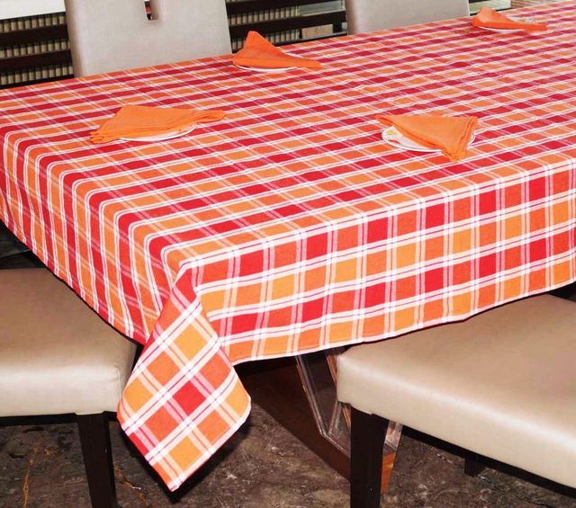 Lushomes Table Cover - Orange-Red Checks | 6 Seater Set | 1 Table Cloth | 16 x 16 inch | 7 pcs