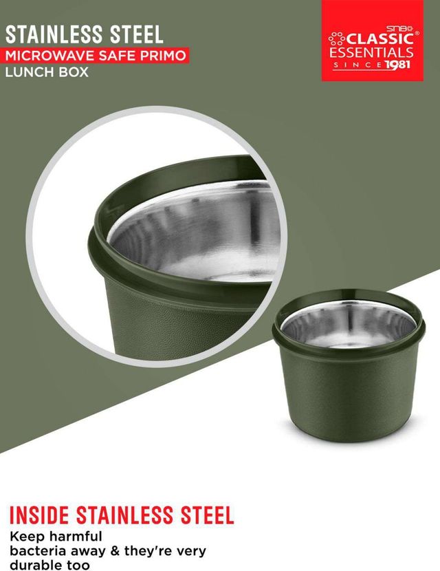 Classic Essentials Microwavable Insulated 3 Containers Meal Pro Lunch Box | 1250 ml Green