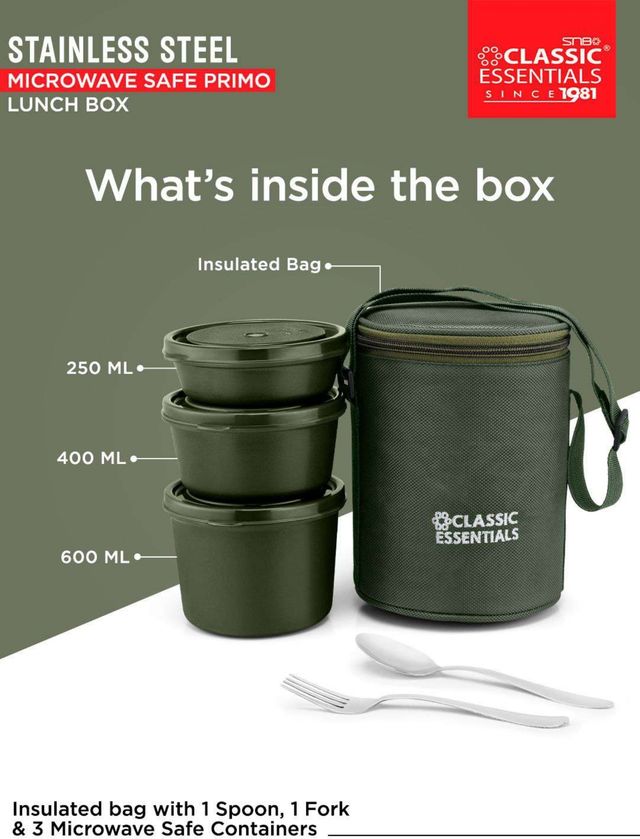 Classic Essentials Microwavable Insulated 3 Containers Meal Pro Lunch Box | 1250 ml Green
