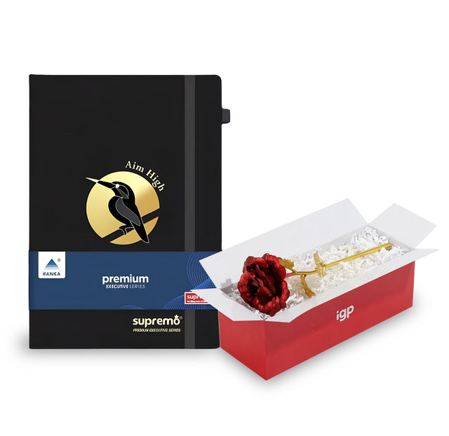 A5 Pu Diary Elastic Band And Pen Holder-192 Pages (Assorted Prints)(1pc) & Igp Golden Rose Forever(1pc) Combo