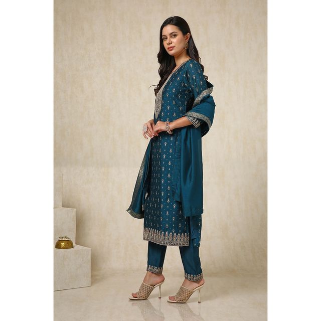 Soch Women's Teal Viscose Blend Foil Print Suit Set With Thread Work XL