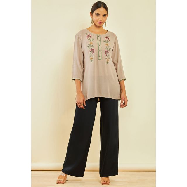 Soch Women's Beige Crepe Embroidered Tunic With Thread Work S