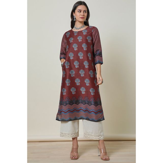 Soch Women's Maroon Silk Blend Floral Print Kurta | XL