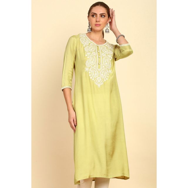 Soch Women's Green Solid With Yoke Embroidered Straight Muslin Kurta L