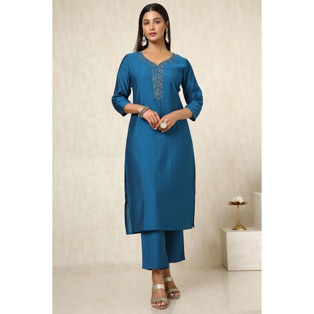 Soch Women's Blue Viscose Blend Embellished Kurta Set With Cutdana | XS