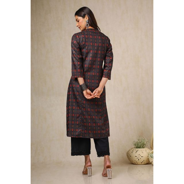 Soch Women's Navy Blue Linen Blend Ikat Print Kurta | XL