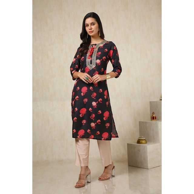 Soch Women's Black Muslin Blend Floral Print Kurta With Sequins | L