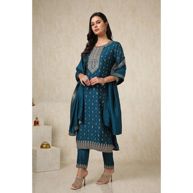 Soch Women's Teal Viscose Blend Foil Print Suit Set With Thread Work XL