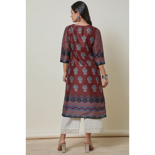 Soch Women's Maroon Silk Blend Floral Print Kurta | XL