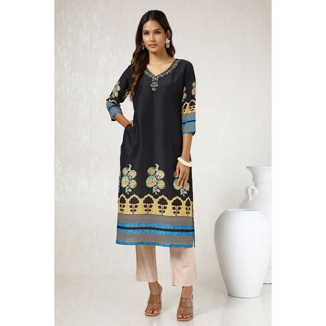Soch Women's Black Muslin Blend Printed Kurta With Cutdana | XL