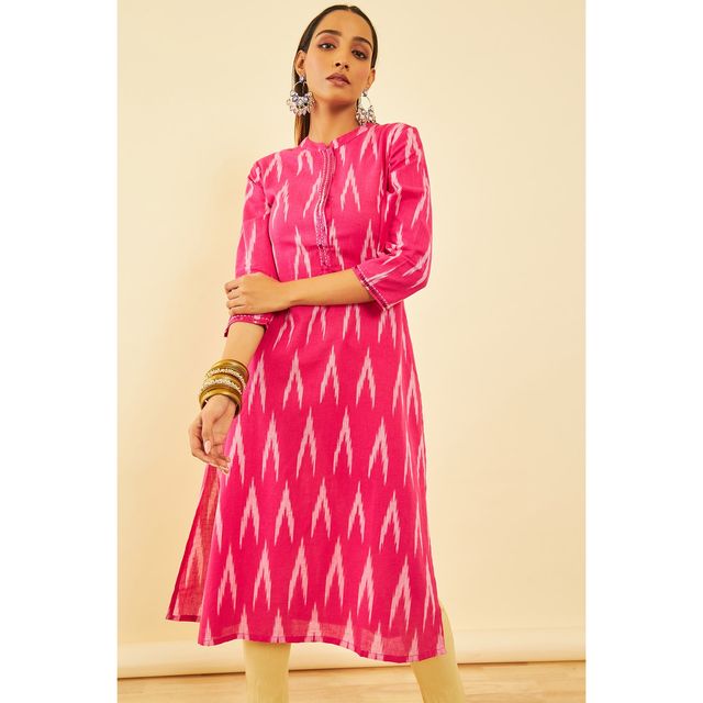 Soch Women's Pink Cotton Ikat Print Kurta With Sequins L