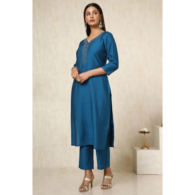 Soch Women's Blue Viscose Blend Embellished Kurta Set With Cutdana | XS