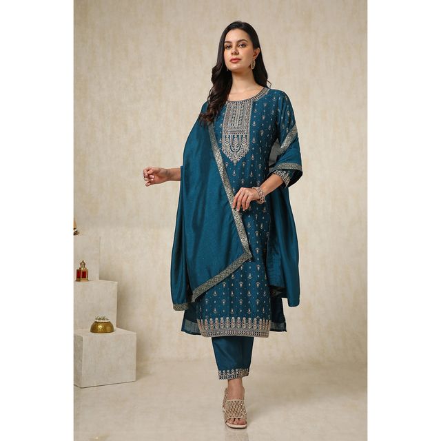 Soch Women's Teal Viscose Blend Foil Print Suit Set With Thread Work XL