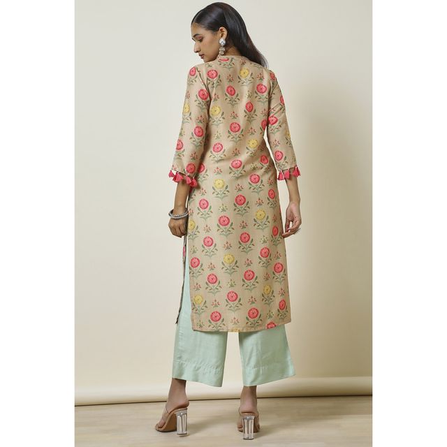 Soch Women's Beige Muslin Blend Floral Print Kurta With Tassels L