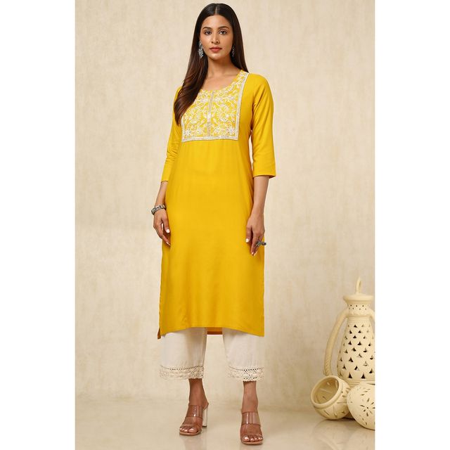 Soch Women's Mustard Rayon Embroidered Kurta With Sequins | L