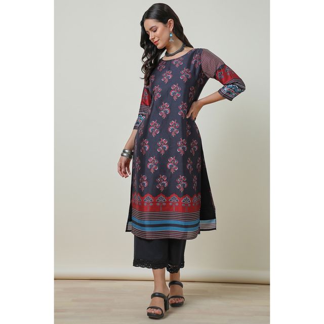 Soch Women's Black Silk Blend Floral Print Kurta | XL