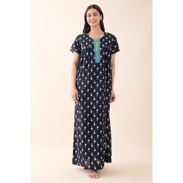 Maybell Women's Cotton Floral Printed Nighty | Black - M