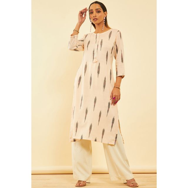 Soch Women's Beige Cotton Ikat Print Kurta With Sequins L