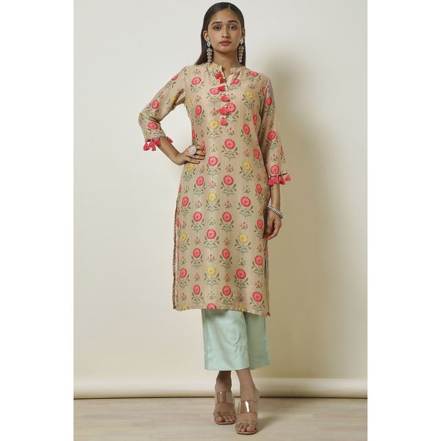 Soch Women's Beige Muslin Blend Floral Print Kurta With Tassels L