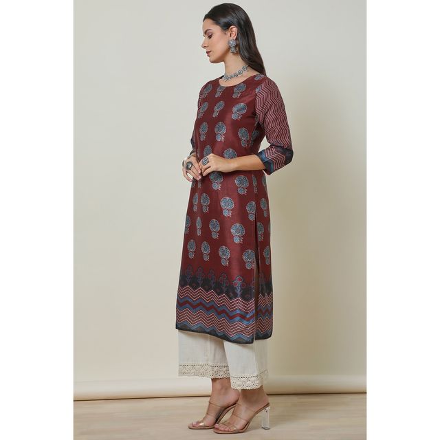 Soch Women's Maroon Silk Blend Floral Print Kurta | XL