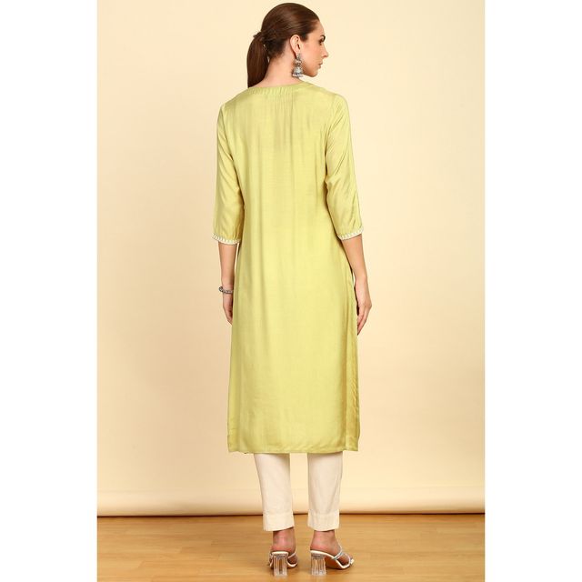 Soch Women's Green Solid With Yoke Embroidered Straight Muslin Kurta L