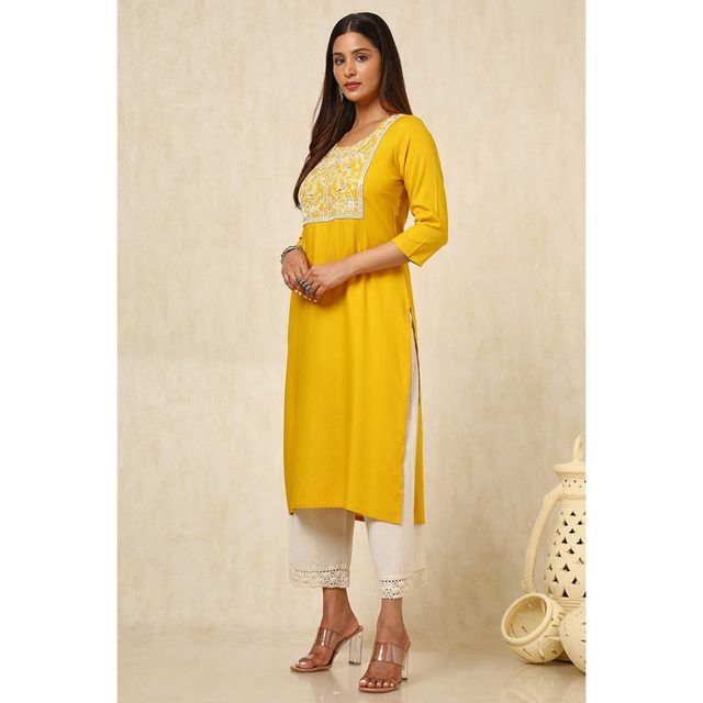 Soch Women's Mustard Rayon Embroidered Kurta With Sequins | L