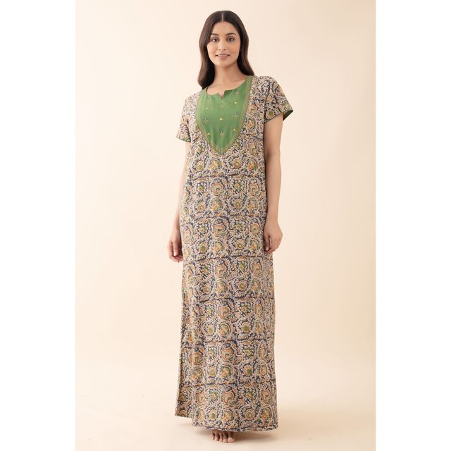 Maybell Women's Cotton Floral Printed Nighty | Green - XXL