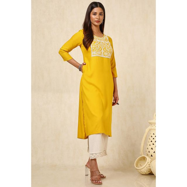 Soch Women's Mustard Rayon Embroidered Kurta With Sequins | L