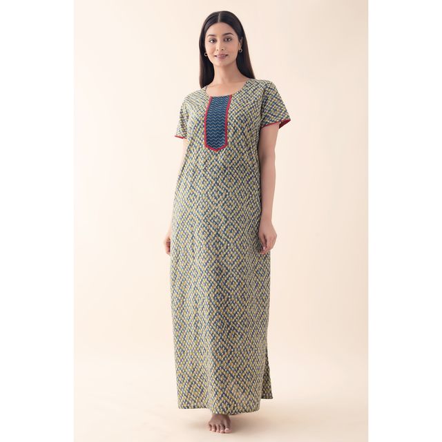 Maybell Women's Cotton Floral Printed Nighty | Green - M