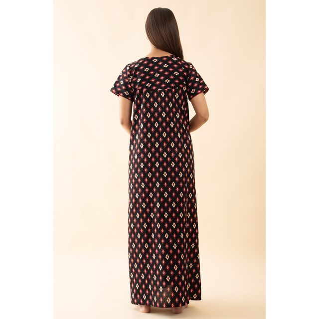 Maybell Women's Cotton Floral Printed Nighty | Black & Maroon - XXL