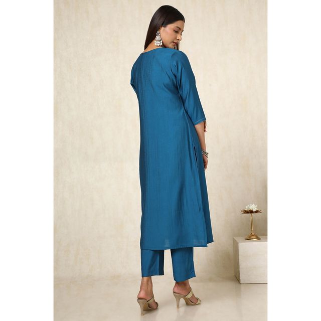 Soch Women's Blue Viscose Blend Embellished Kurta Set With Cutdana | XS