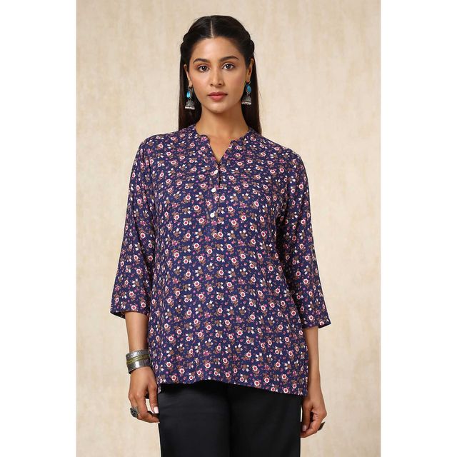 Soch Women's Navy Blue Rayon Floral Print Tunic | M