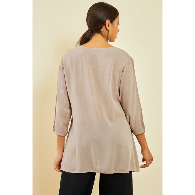 Soch Women's Beige Crepe Embroidered Tunic With Thread Work S