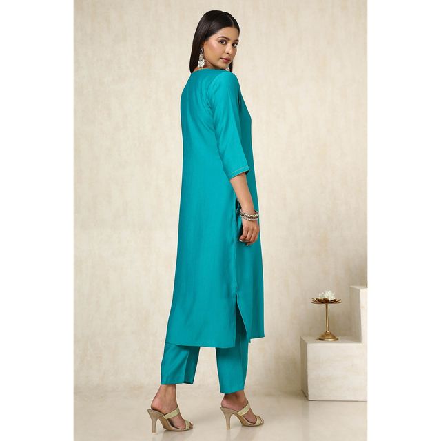 Soch Women's Teal Viscose Blend Embellished Kurta Set With Cutdana L