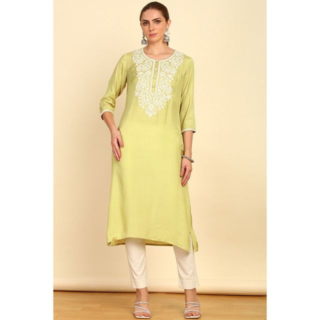 Soch Women's Green Solid With Yoke Embroidered Straight Muslin Kurta L