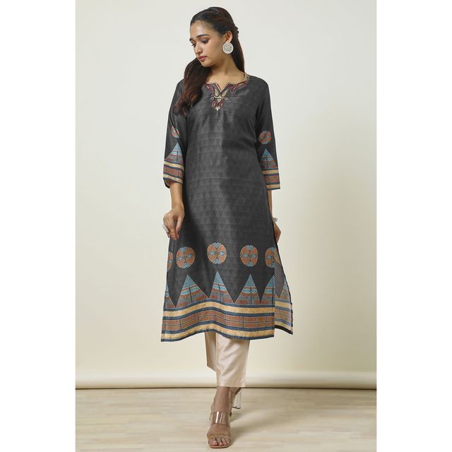 Soch Women's Black Muslin Blend Embroidered Kurta With Beads | XL