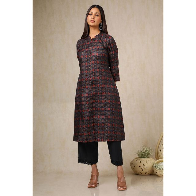 Soch Women's Navy Blue Linen Blend Ikat Print Kurta | XL