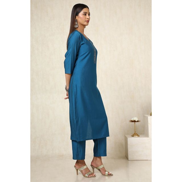 Soch Women's Blue Viscose Blend Embellished Kurta Set With Cutdana | XS
